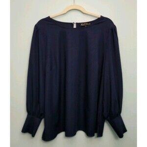 ELOQUII Navy Blue Long Sleeve Blouse Womens Plus 18 Pearl Like Buttons Classic